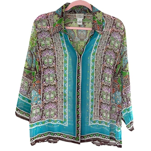 KIM ROGERS Signaure Bohemian Print 3/4-Sleeve Chiffon Button-Up Blouse, 1X - Picture 1 of 6